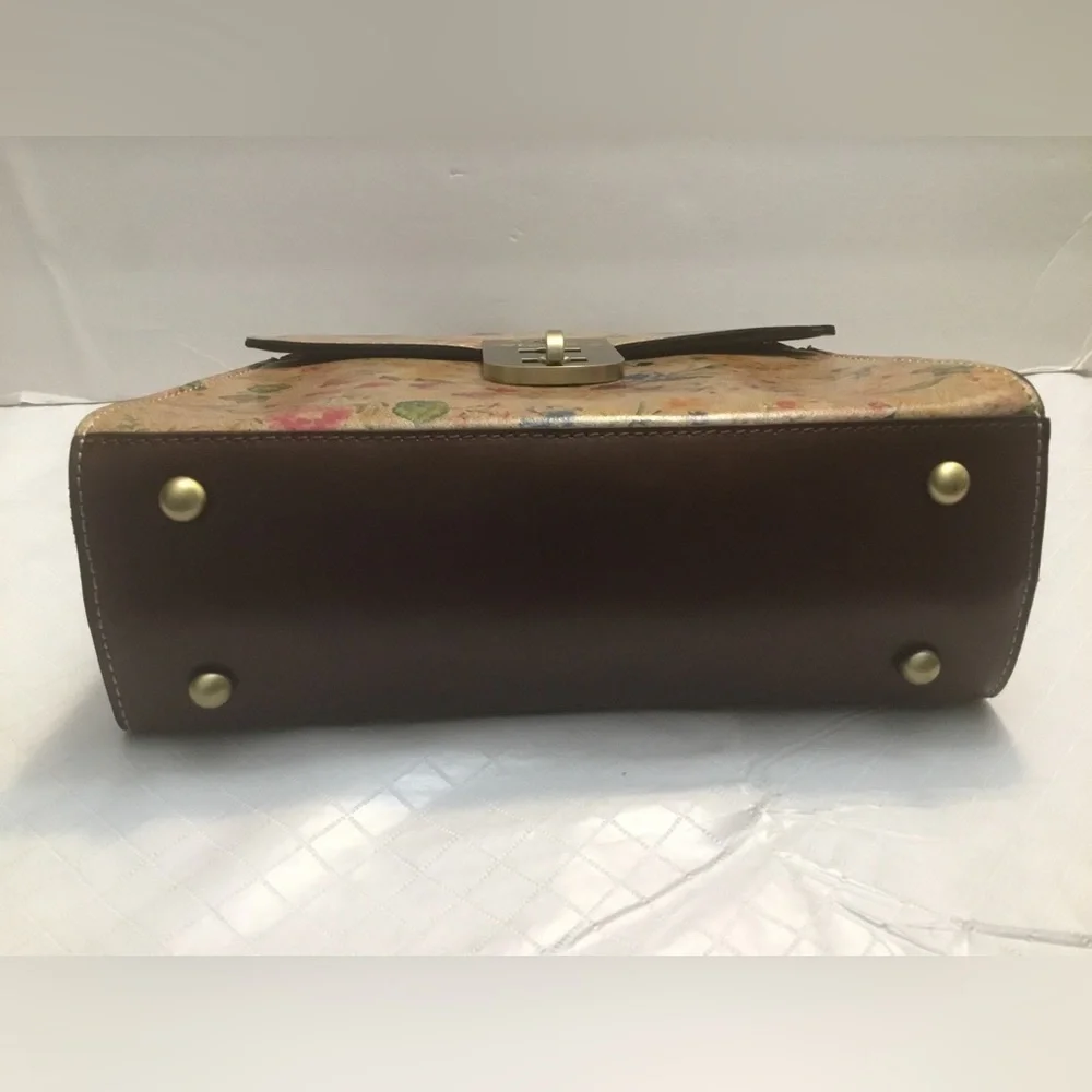 Floral Print Top-Handle Bag in Beige with Gold Hardware